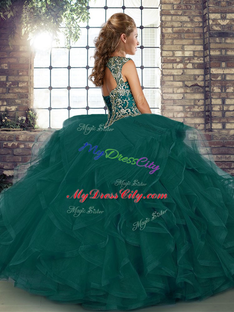 Purple Sleeveless Floor Length Beading and Ruffles Lace Up Quinceanera Dresses