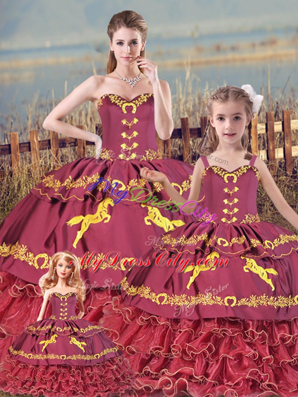 Glittering Satin and Organza Sweetheart Sleeveless Zipper Embroidery and Ruffled Layers Quinceanera Dresses in Burgundy