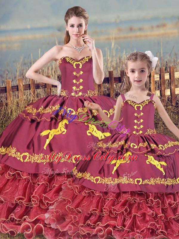 Glittering Satin and Organza Sweetheart Sleeveless Zipper Embroidery and Ruffled Layers Quinceanera Dresses in Burgundy