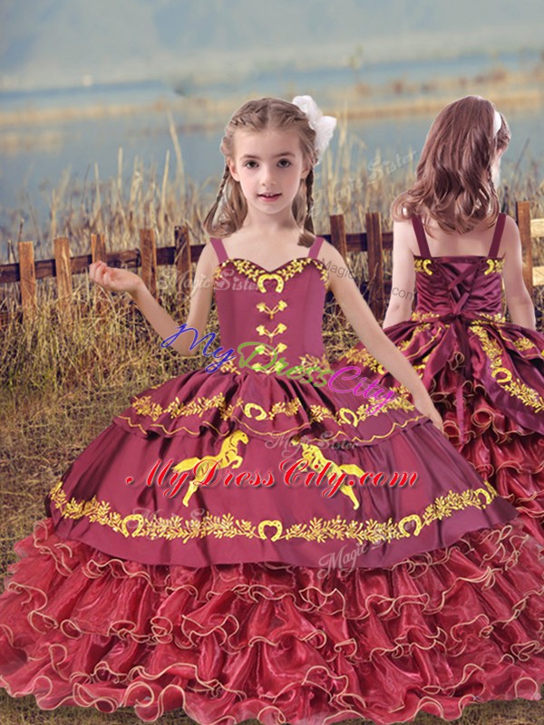 Glittering Satin and Organza Sweetheart Sleeveless Zipper Embroidery and Ruffled Layers Quinceanera Dresses in Burgundy