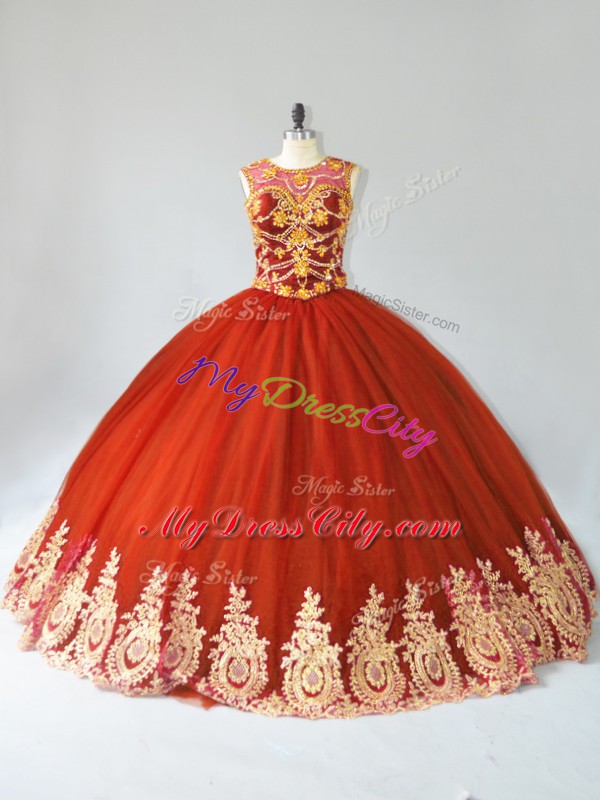 Floor Length Lace Up Quinceanera Dress Rust Red for Sweet 16 and Quinceanera with Appliques