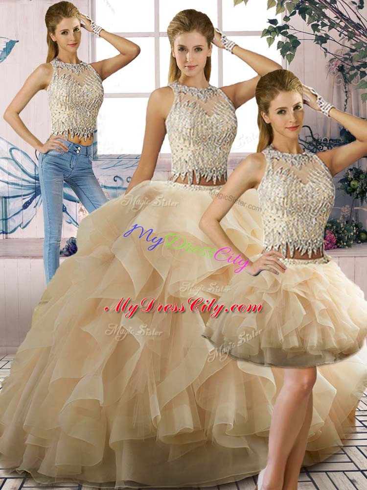 Romantic Floor Length Champagne Sweet 16 Quinceanera Dress Scoop Sleeveless Zipper