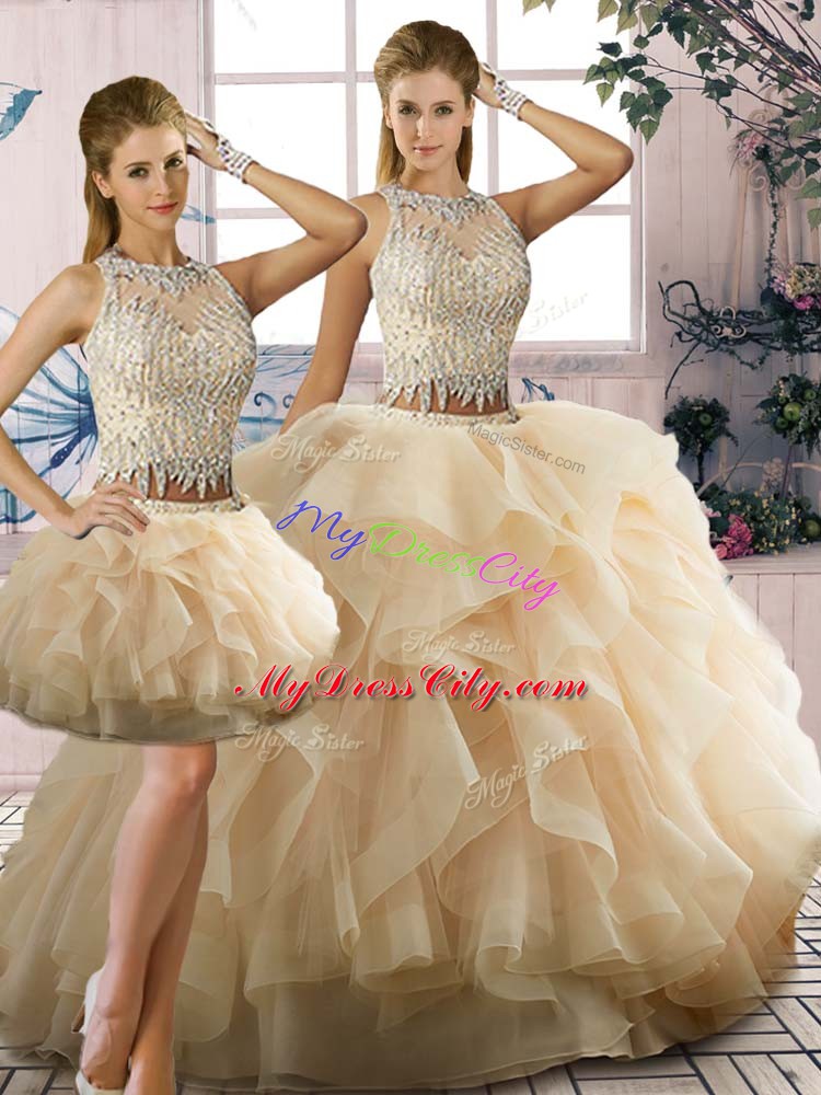 Romantic Floor Length Champagne Sweet 16 Quinceanera Dress Scoop Sleeveless Zipper