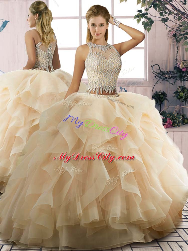 Romantic Floor Length Champagne Sweet 16 Quinceanera Dress Scoop Sleeveless Zipper