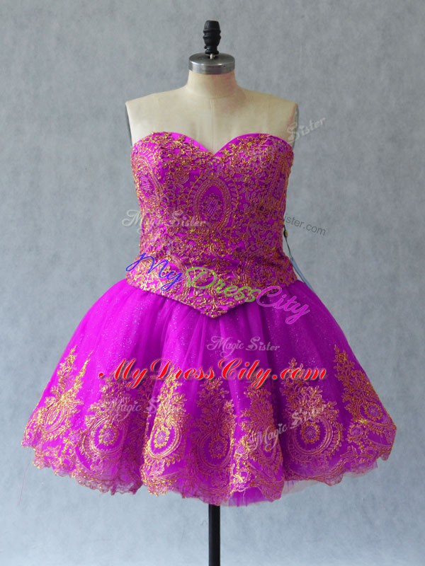 Fuchsia Prom and Party with Appliques and Embroidery Sweetheart Sleeveless Lace Up