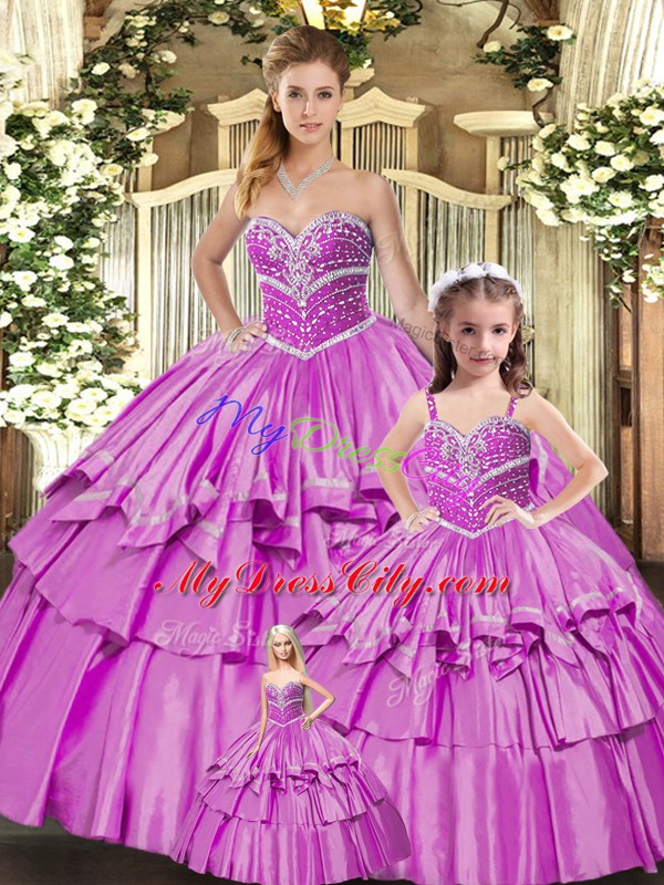 Low Price Floor Length Lace Up Quinceanera Dress Lilac for Sweet 16 and Quinceanera with Beading and Ruffled Layers