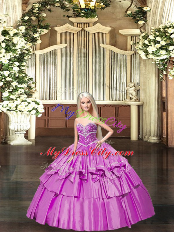 Low Price Floor Length Lace Up Quinceanera Dress Lilac for Sweet 16 and Quinceanera with Beading and Ruffled Layers