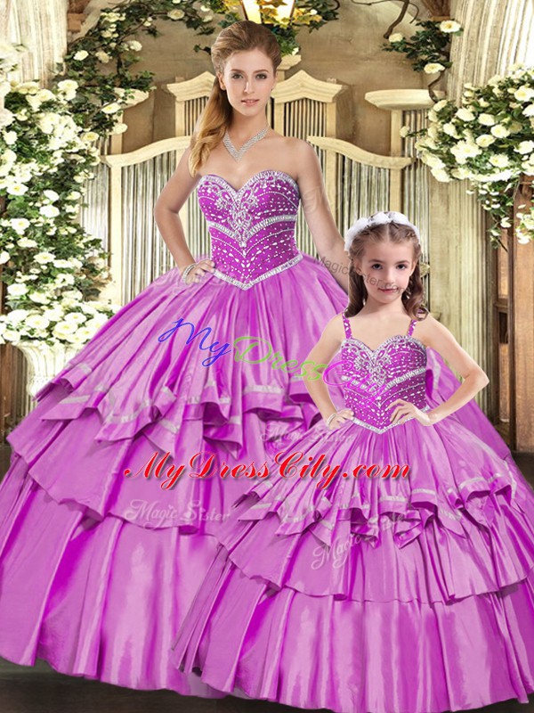 Low Price Floor Length Lace Up Quinceanera Dress Lilac for Sweet 16 and Quinceanera with Beading and Ruffled Layers