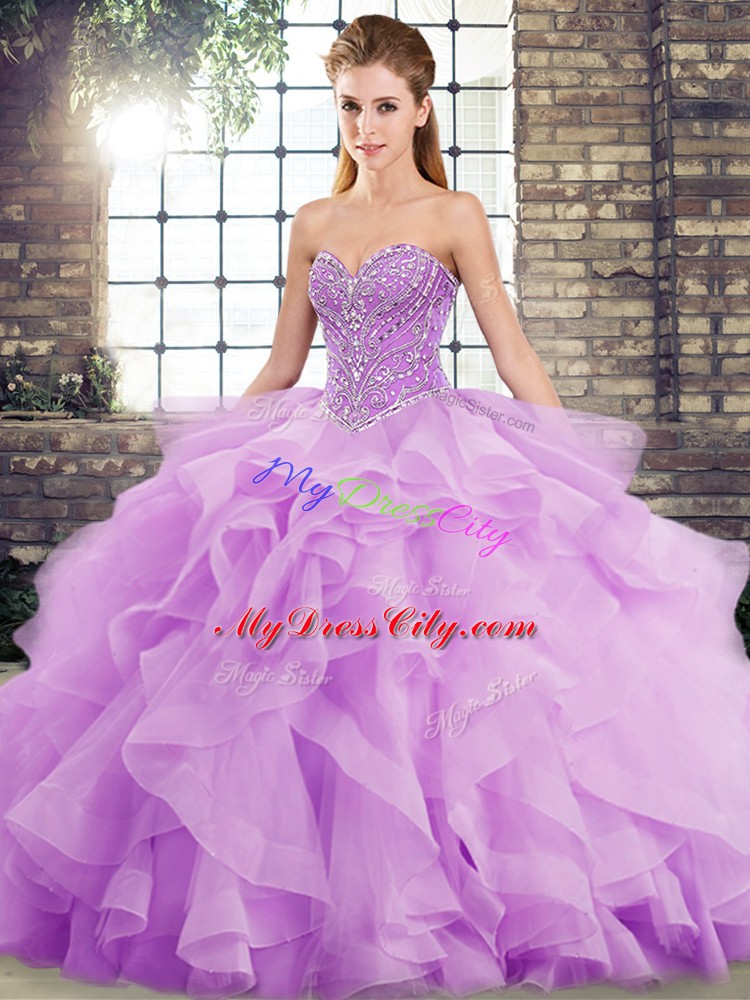 Sweetheart Sleeveless Tulle Ball Gown Prom Dress Beading and Ruffles Brush Train Lace Up