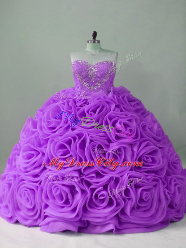 Trendy Brush Train Ball Gowns Quinceanera Dress Lavender Sweetheart Fabric With Rolling Flowers Sleeveless Lace Up