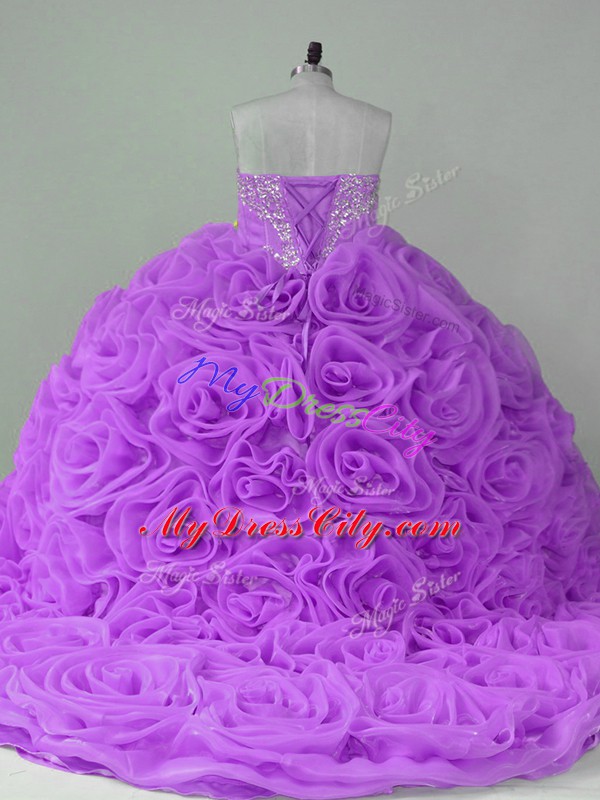 Trendy Brush Train Ball Gowns Quinceanera Dress Lavender Sweetheart Fabric With Rolling Flowers Sleeveless Lace Up