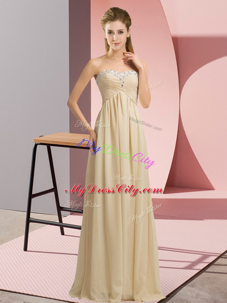 Fine Beading and Ruching Champagne Lace Up Sleeveless Floor Length