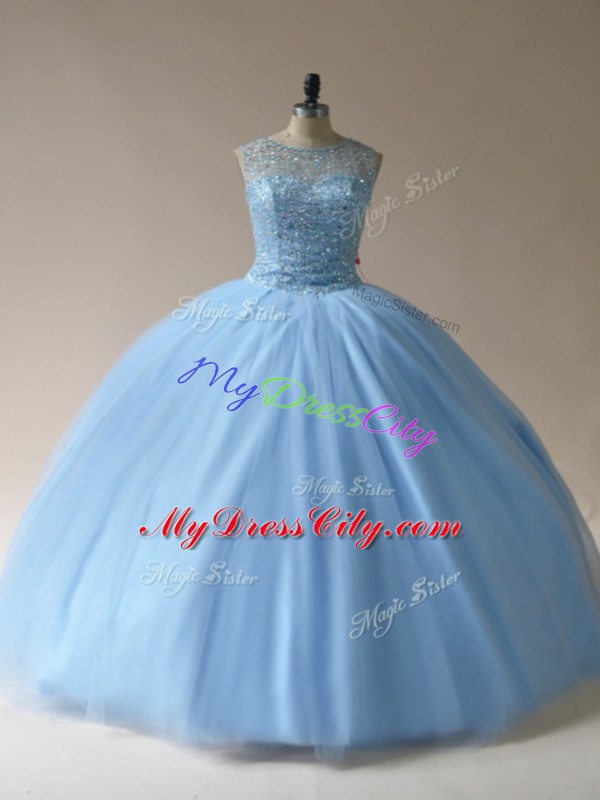 Fantastic Floor Length Ball Gowns Sleeveless Light Blue Quince Ball Gowns Lace Up