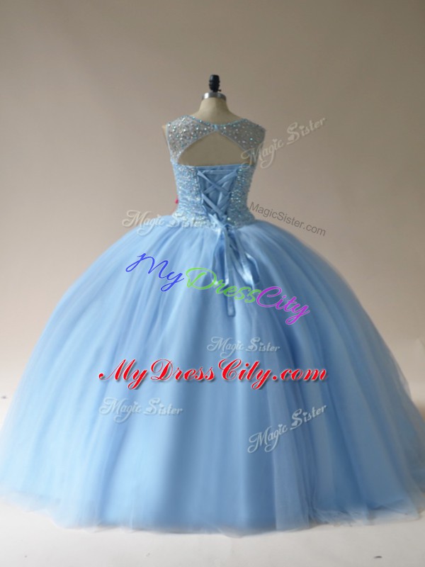 Fantastic Floor Length Ball Gowns Sleeveless Light Blue Quince Ball Gowns Lace Up