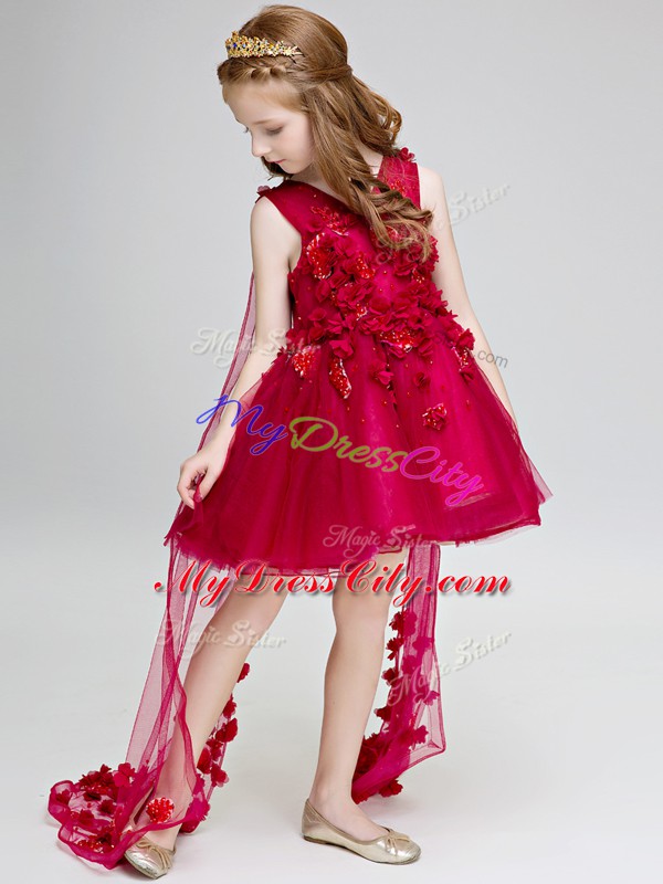 Super Sleeveless Hand Made Flower Lace Up Flower Girl Dress with Wine Red Watteau Train