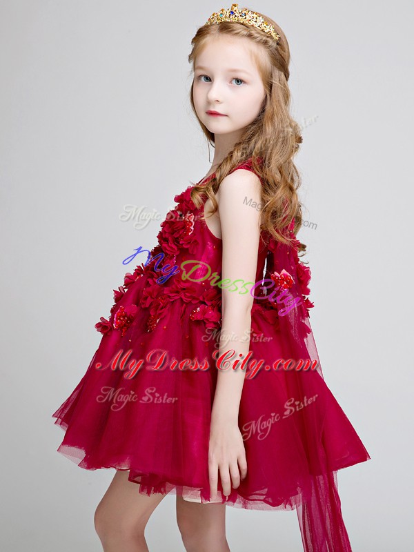 Super Sleeveless Hand Made Flower Lace Up Flower Girl Dress with Wine Red Watteau Train