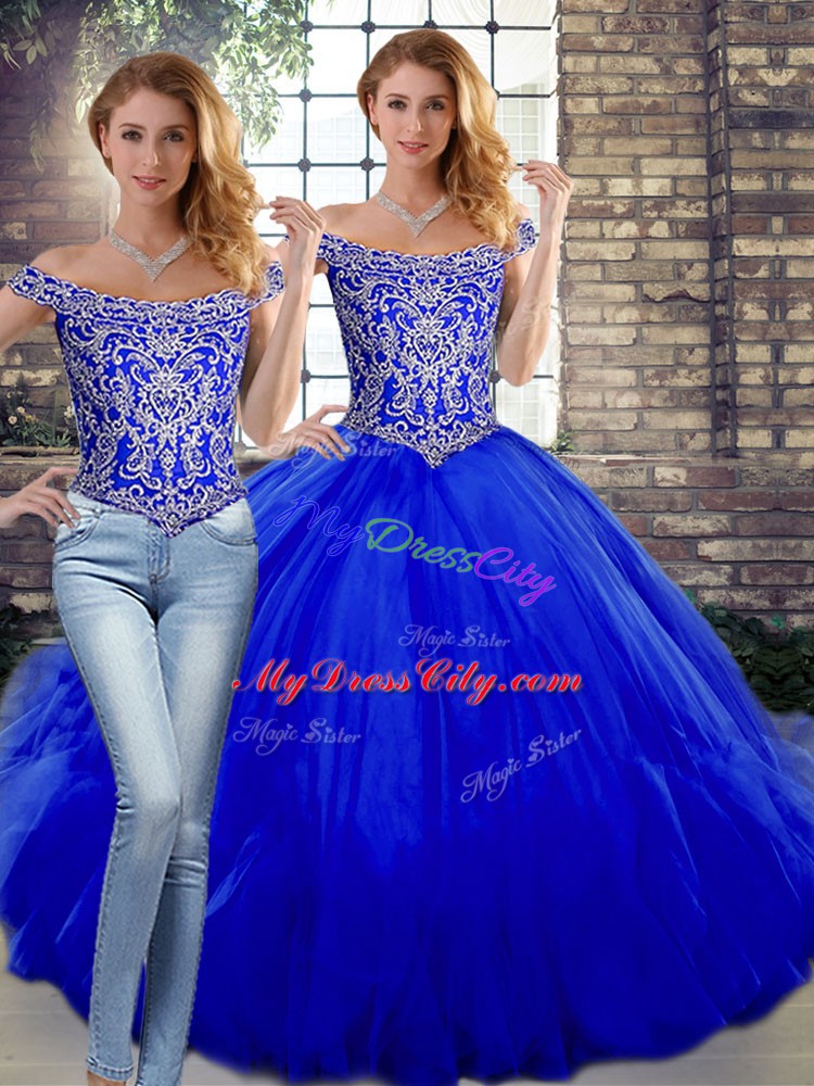 Dramatic Royal Blue Off The Shoulder Lace Up Beading and Ruffles Quinceanera Dresses Sleeveless