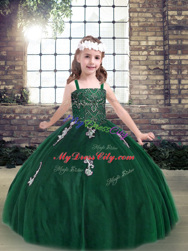 Dark Green Tulle Lace Up Pageant Gowns For Girls Sleeveless Floor Length Appliques