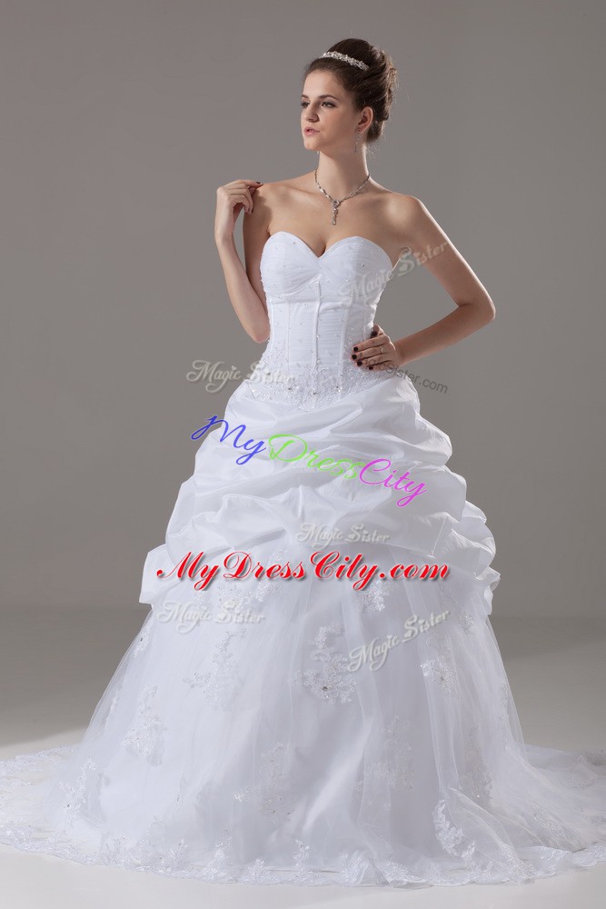 Comfortable Sleeveless Tulle Brush Train Lace Up Wedding Dress in White with Beading and Lace and Pick Ups