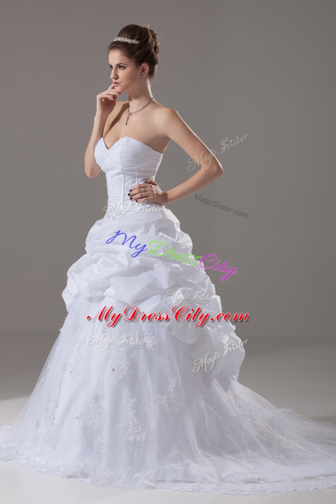 Comfortable Sleeveless Tulle Brush Train Lace Up Wedding Dress in White with Beading and Lace and Pick Ups