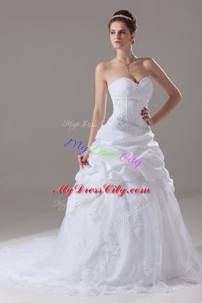 Comfortable Sleeveless Tulle Brush Train Lace Up Wedding Dress in White with Beading and Lace and Pick Ups