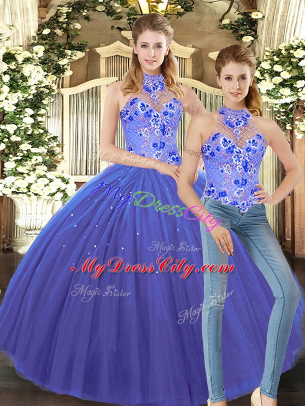 Dramatic Two Pieces 15th Birthday Dress Blue Halter Top Tulle Sleeveless Floor Length Lace Up