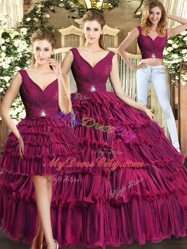 Stylish V-neck Sleeveless Backless Sweet 16 Dress Burgundy Organza