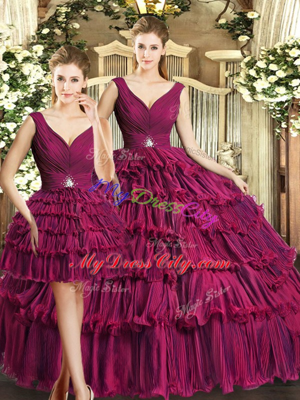 Stylish V-neck Sleeveless Backless Sweet 16 Dress Burgundy Organza