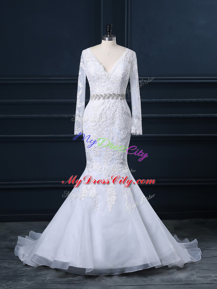 White V-neck Neckline Beading and Lace Wedding Dress Long Sleeves Backless