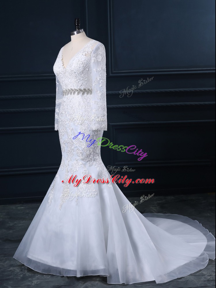 White V-neck Neckline Beading and Lace Wedding Dress Long Sleeves Backless