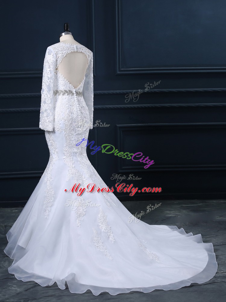 White V-neck Neckline Beading and Lace Wedding Dress Long Sleeves Backless