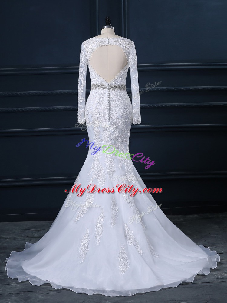 White V-neck Neckline Beading and Lace Wedding Dress Long Sleeves Backless