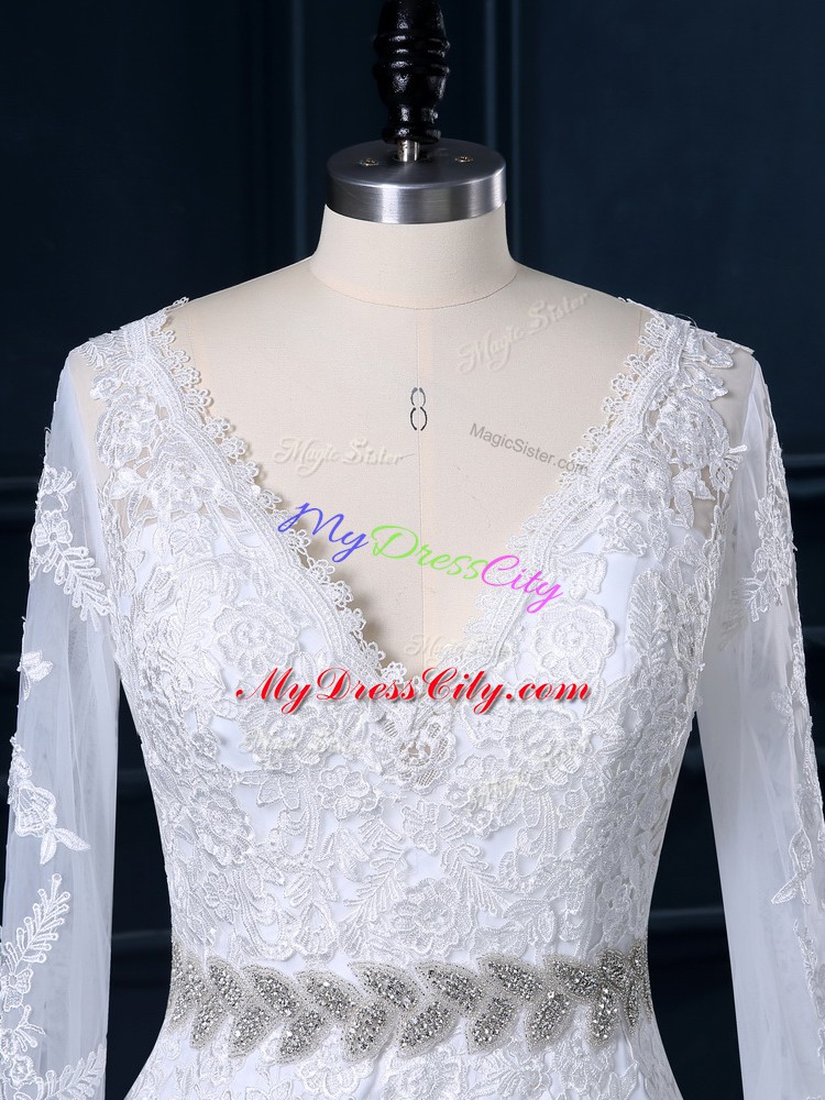 White V-neck Neckline Beading and Lace Wedding Dress Long Sleeves Backless