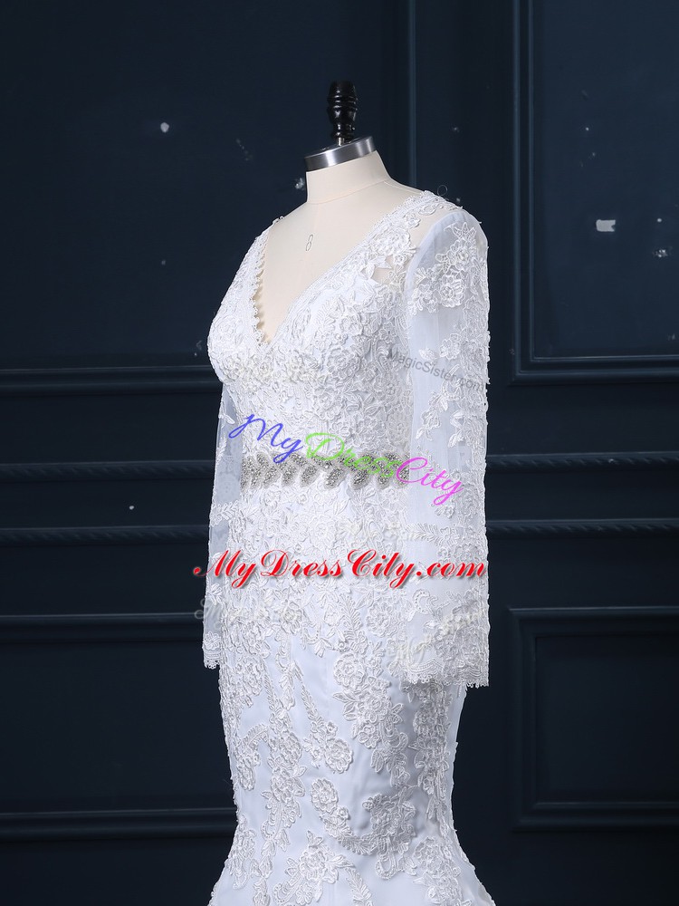 White V-neck Neckline Beading and Lace Wedding Dress Long Sleeves Backless