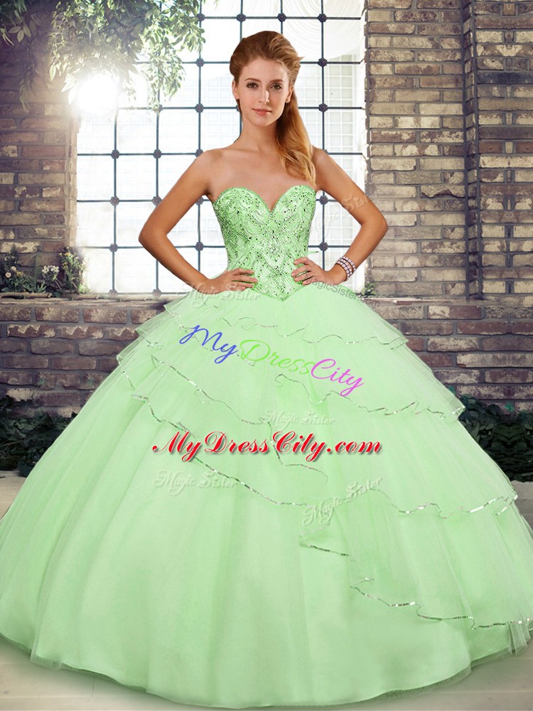 Yellow Green Tulle Lace Up Quince Ball Gowns Sleeveless Brush Train Beading and Ruffled Layers