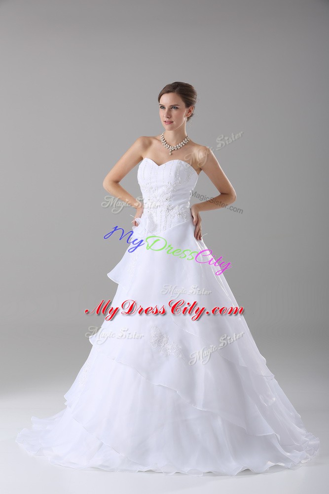 Amazing White A-line Sweetheart Sleeveless Organza Brush Train Lace Up Beading and Ruffled Layers and Hand Made Flower Wedding Dress