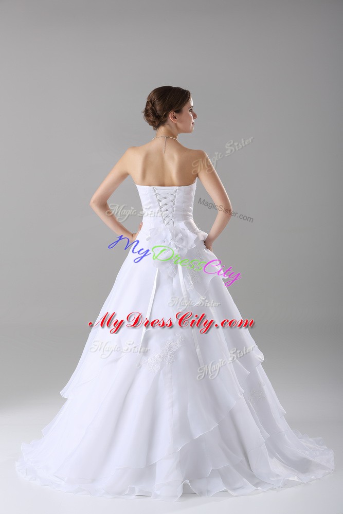 Amazing White A-line Sweetheart Sleeveless Organza Brush Train Lace Up Beading and Ruffled Layers and Hand Made Flower Wedding Dress