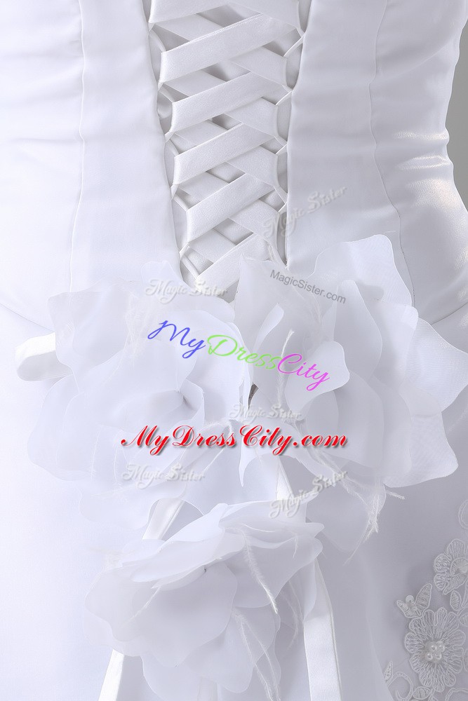 Amazing White A-line Sweetheart Sleeveless Organza Brush Train Lace Up Beading and Ruffled Layers and Hand Made Flower Wedding Dress