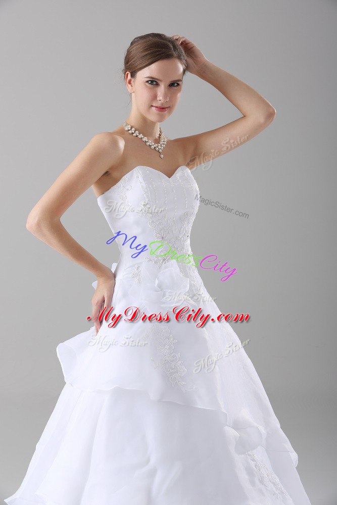 Amazing White A-line Sweetheart Sleeveless Organza Brush Train Lace Up Beading and Ruffled Layers and Hand Made Flower Wedding Dress