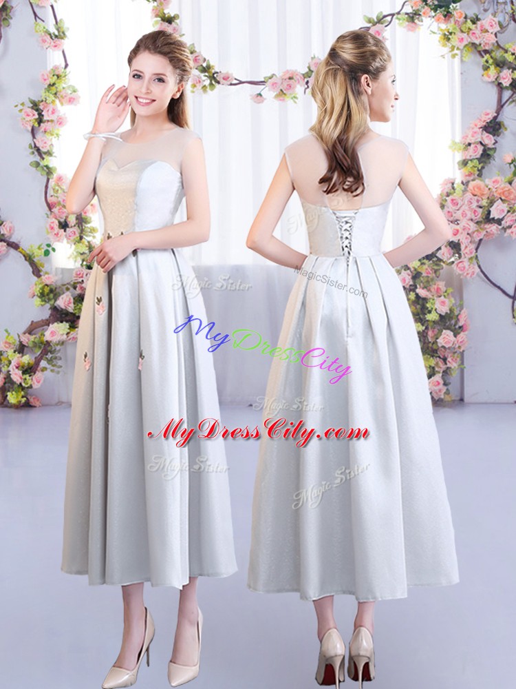 Perfect Silver Sleeveless Satin Lace Up Quinceanera Court Dresses for Wedding Party