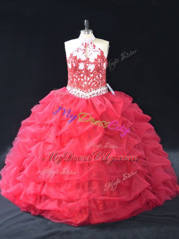 Luxurious Floor Length Backless Sweet 16 Quinceanera Dress Red for Sweet 16 and Quinceanera with Beading and Lace