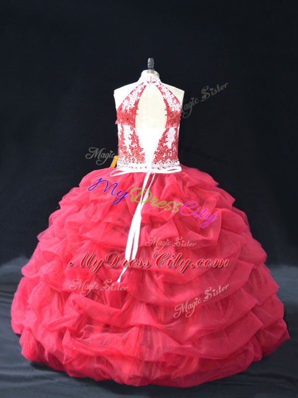 Luxurious Floor Length Backless Sweet 16 Quinceanera Dress Red for Sweet 16 and Quinceanera with Beading and Lace