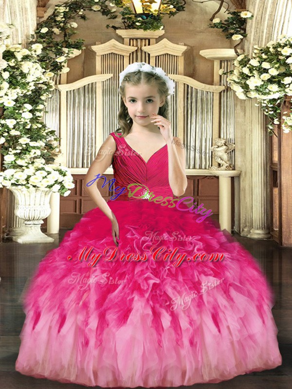 Popular Floor Length Backless Girls Pageant Dresses Hot Pink for Party and Sweet 16 and Wedding Party with Beading and Ruffles