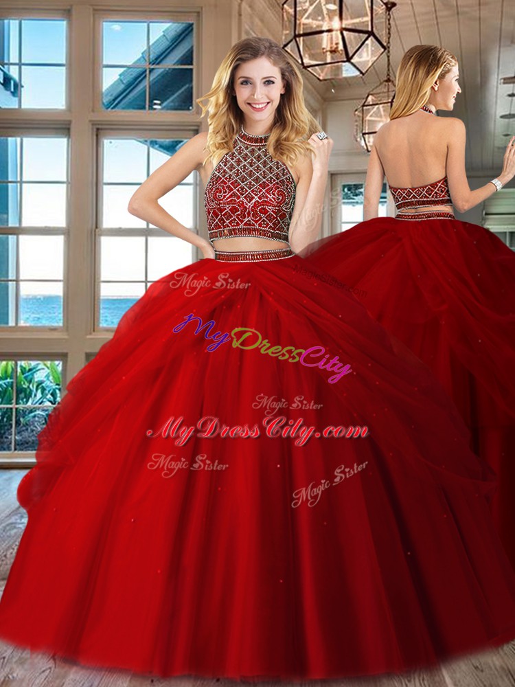 Red Halter Top Backless Beading Quinceanera Gown Sleeveless