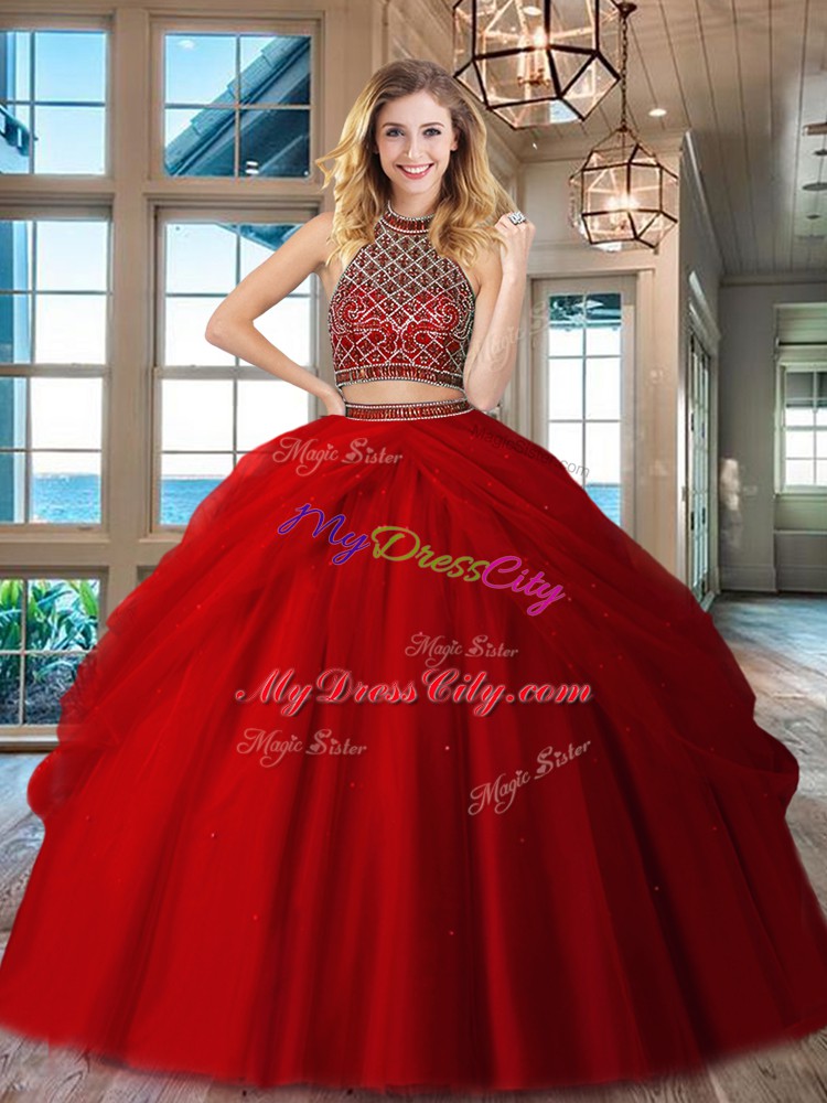 Red Halter Top Backless Beading Quinceanera Gown Sleeveless