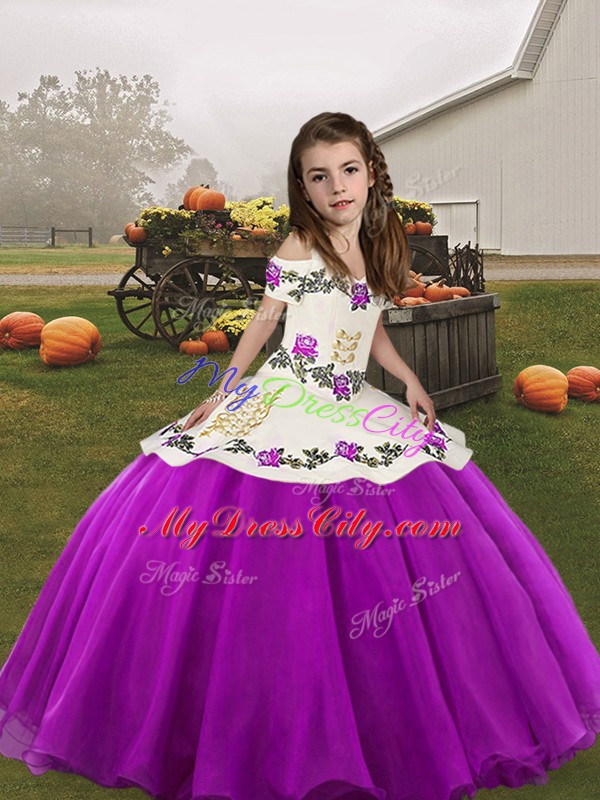 Sleeveless Floor Length Embroidery Lace Up Winning Pageant Gowns with Purple