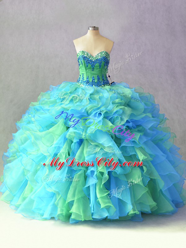 Multi-color Sleeveless Floor Length Beading and Ruffles Lace Up 15 Quinceanera Dress