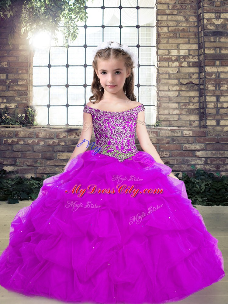 Popular Beading and Ruffles Pageant Dress Purple Lace Up Sleeveless Floor Length