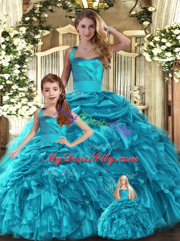 Attractive Ruffles and Pick Ups Quinceanera Gowns Teal Lace Up Sleeveless Floor Length