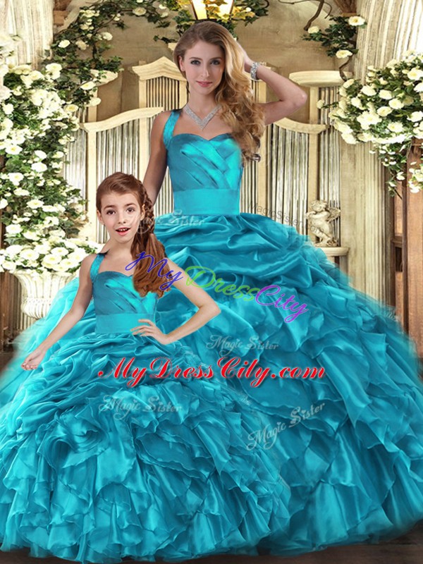 Attractive Ruffles and Pick Ups Quinceanera Gowns Teal Lace Up Sleeveless Floor Length